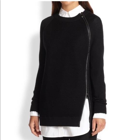 Vince Sweaters - Vince side zip leather accent textured navy pullover crew neck sweater
